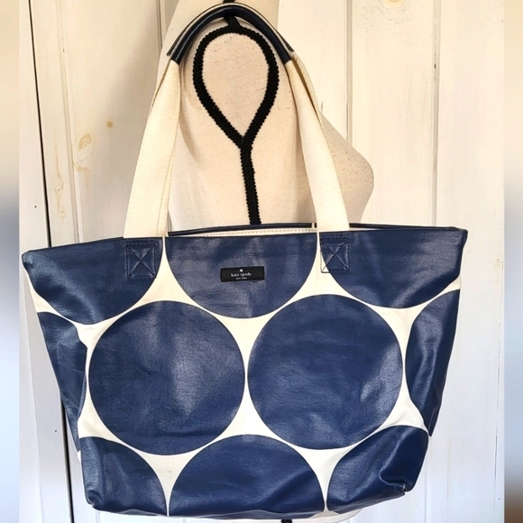kate spade Handbags - Kate Spade NY On The Go Cotton & Leather Polkadot Tote Bag